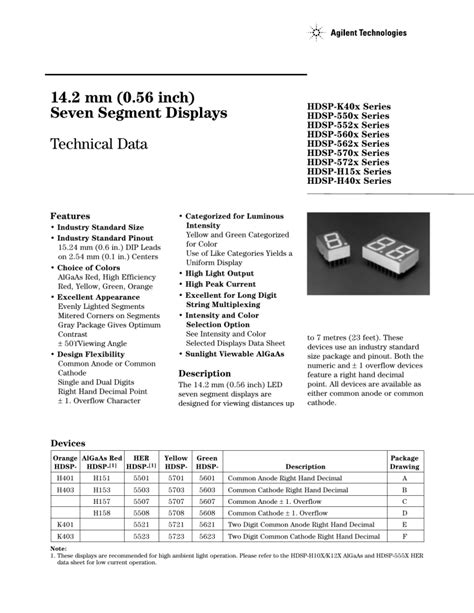 14.2 mm (0.56 inch) Seven Segment Displays: Technical Data.